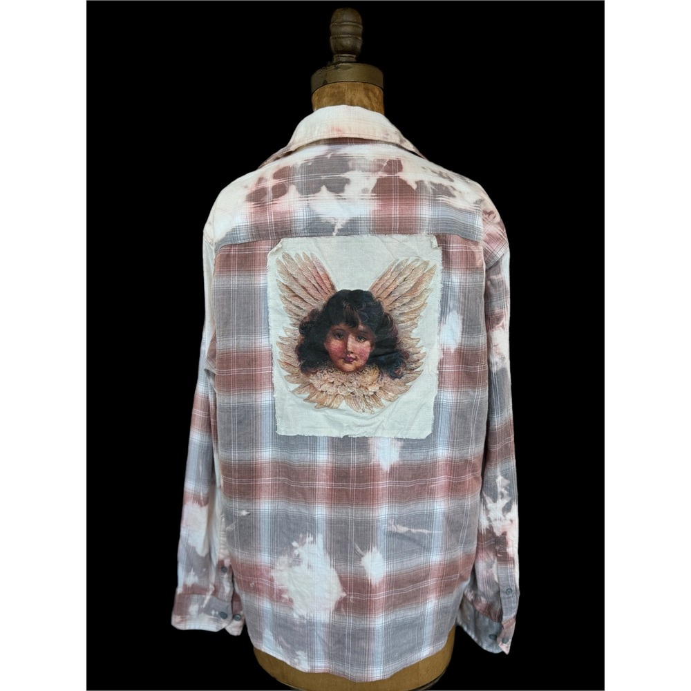 Upcycled Angel Patch Flannel Shirt Boho Folk Art‎ Bleached Large